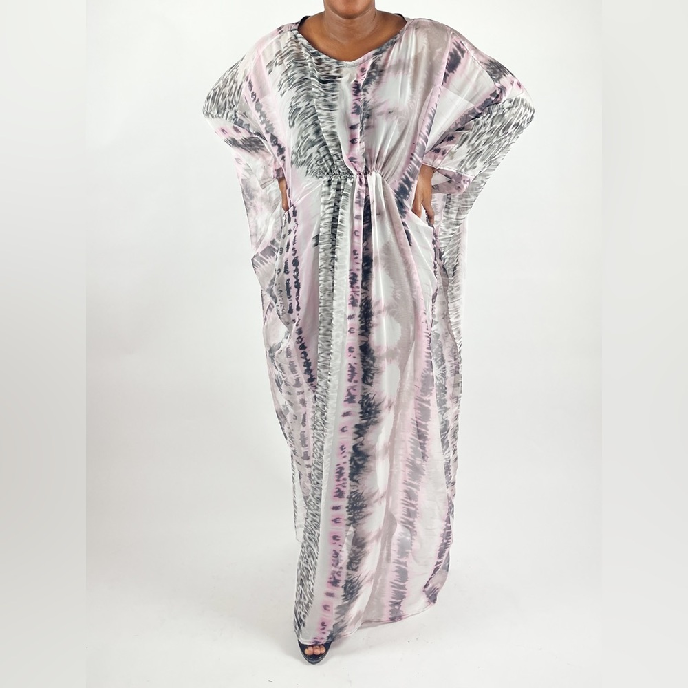 Pink and Gray Multicolor Abstract Animal Print Cinched Waist Sheer Chiffon Dress